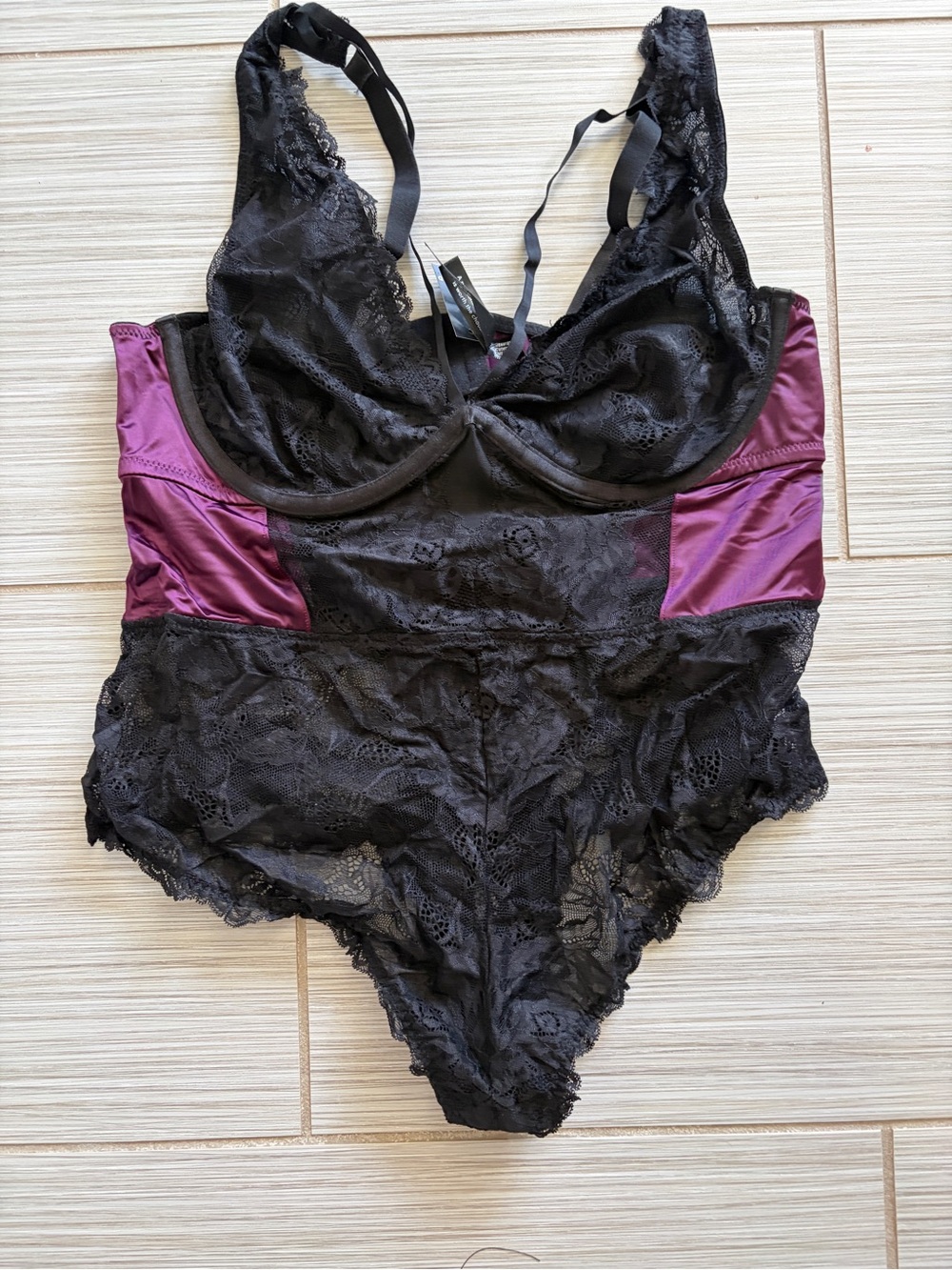 NWT SZ 0 Torrid Black Lace and Plum Satin Bodysuit